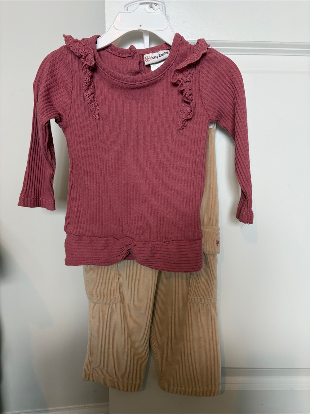 Toddler Girls Ribbed Long-Sleeve Top and Pant in Dusty Rose and Tan